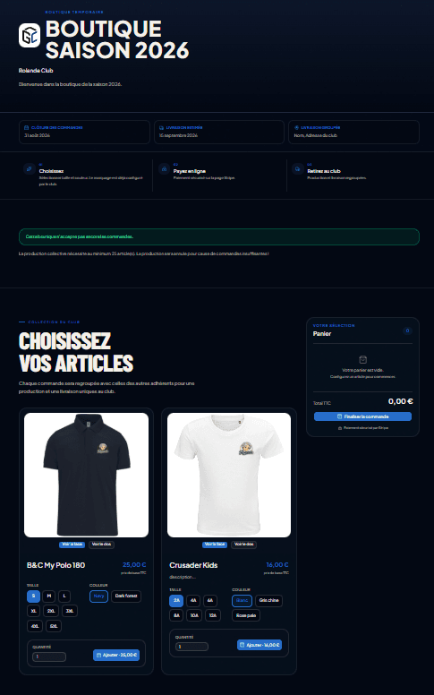 Aperçu de la boutique éphémère Saison 2026 de Rolande Club