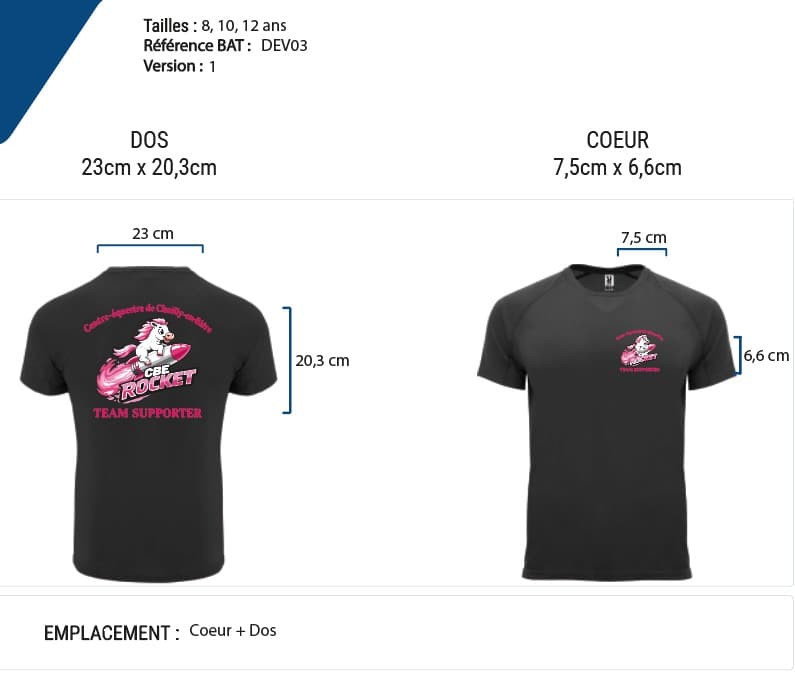 BAT présentant le placement et les dimensions des marquages cœur et dos du T-shirt